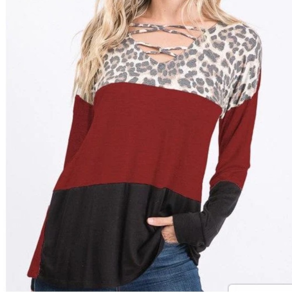 Vici Colorblock Pink, black, and animal print cross front longsleeve top